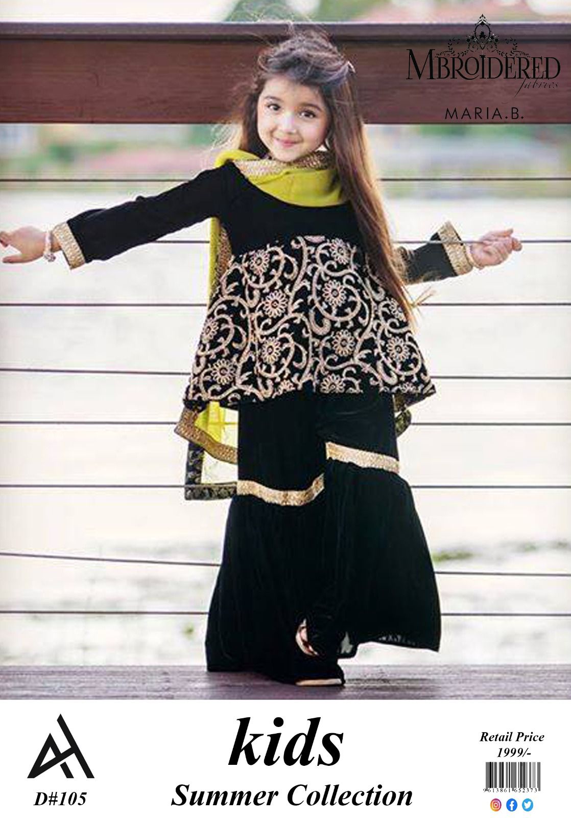 Maria B Kids 3 Peace Lawn  Embroidered Unstitched Suit Black