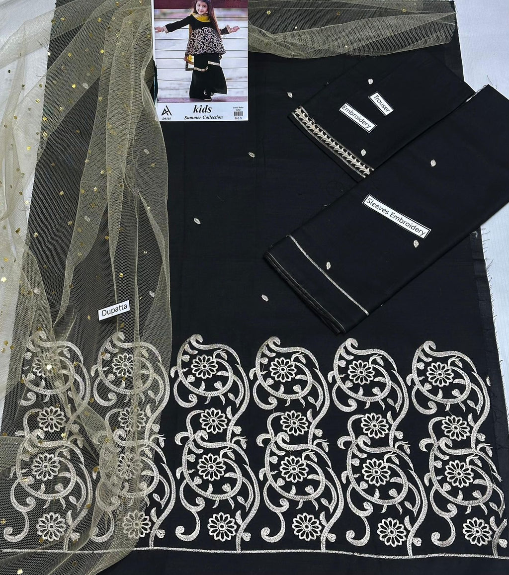 Maria B Kids 3 Peace Lawn  Embroidered Unstitched Suit Black