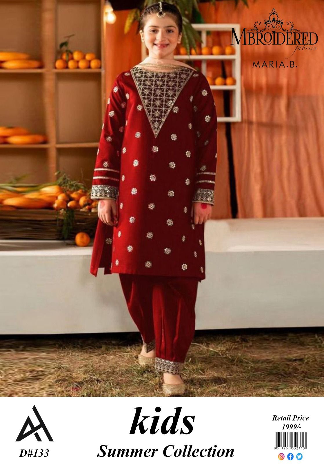 Maria B Kids 3 Peace Lawn  Embroidered Unstitched Suit Kids-01