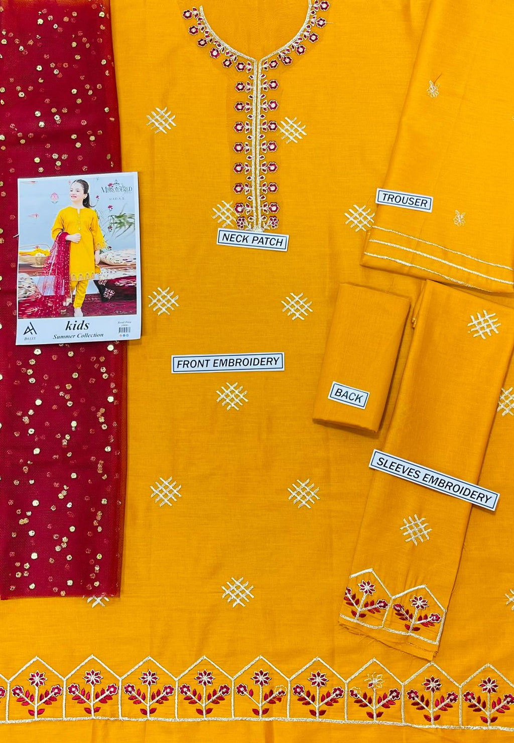 Maria B Kids 3 Peace Lawn  Embroidered Unstitched Suit Mustard Gold — #D4A017